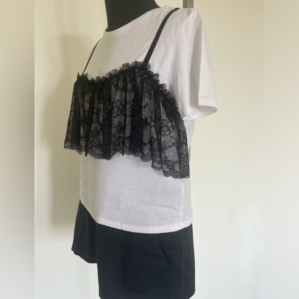 Zara White cotton Tshirt black lace - Picture 6 of 8